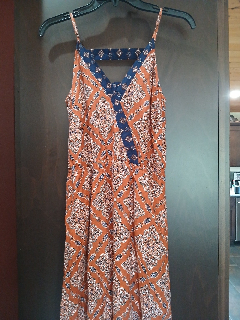 Hem & Thread Rust Printed Spaghetti-Strap Jumpsuit with Navy Yoke